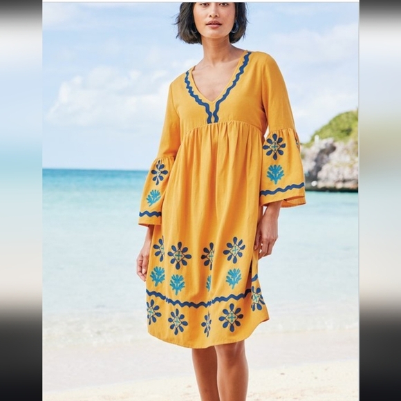 Soft Surroundings Petra Dress Embroidered Yellow Dress with Blue Accents - Picture 1 of 7